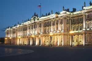 White Nights in Saint-Petersburg. The Winter Palace, the winter residence of the imperial family, is an excellent example of Russian baroque architecture (State Hermitage Museum). St. Petersburg, Russia.